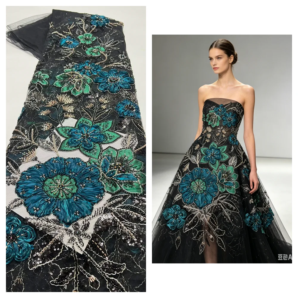 

New Style Nigerian Groom Embroidery Beaded Lace Fabric High-End African Sequins Lace Fabric For Bridal Evening Dress Sewing