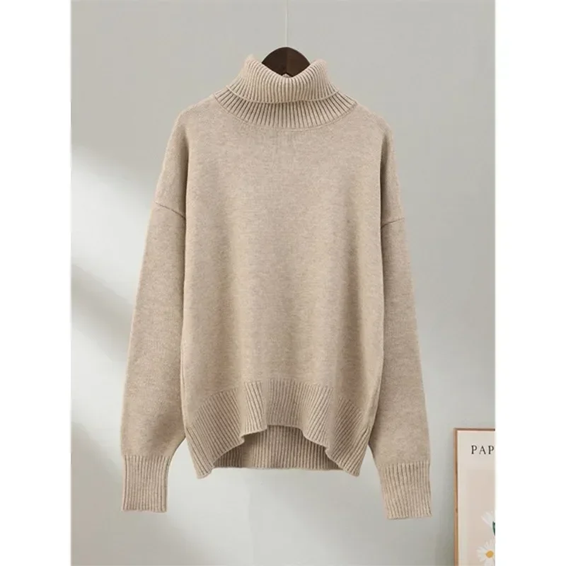 Turtleneck Knitted Sweater Autumn Winter Women\'s Oversize Long Sleeve Loose Pullover Tops Streetwear Soft Warm Elastic Sweaters