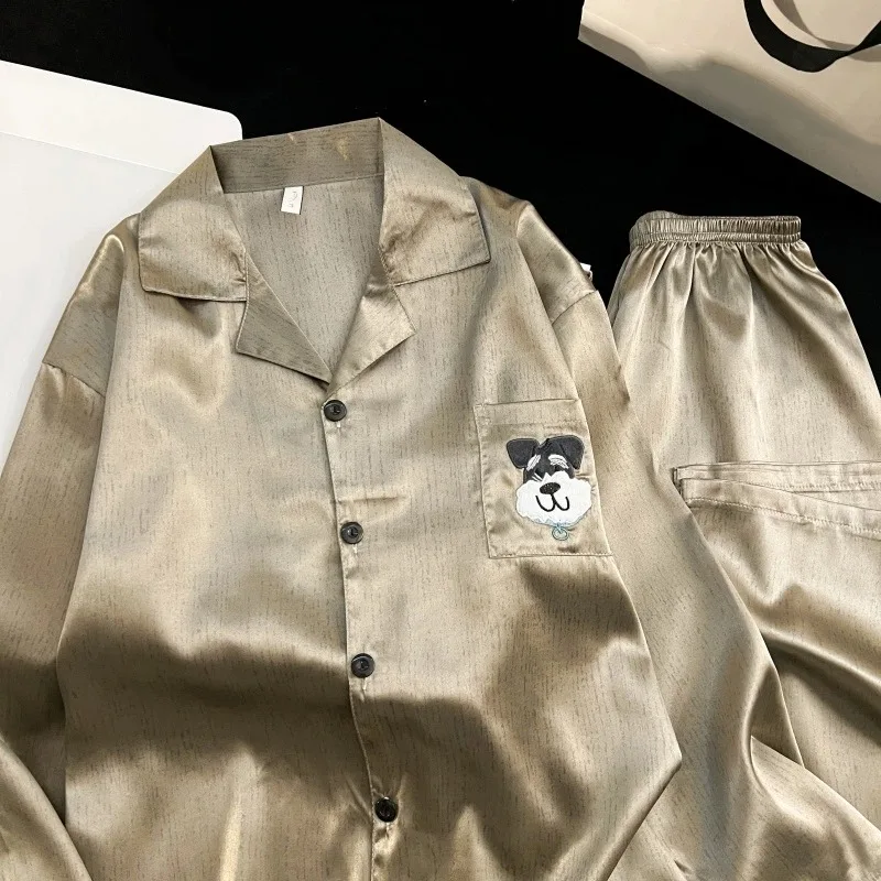 2PCS Men's Luxury French Pajamas Set Summer New Embroidery Dog Fashion Pajamas Set for Men Lapel Neck Casual Loungewear 2026