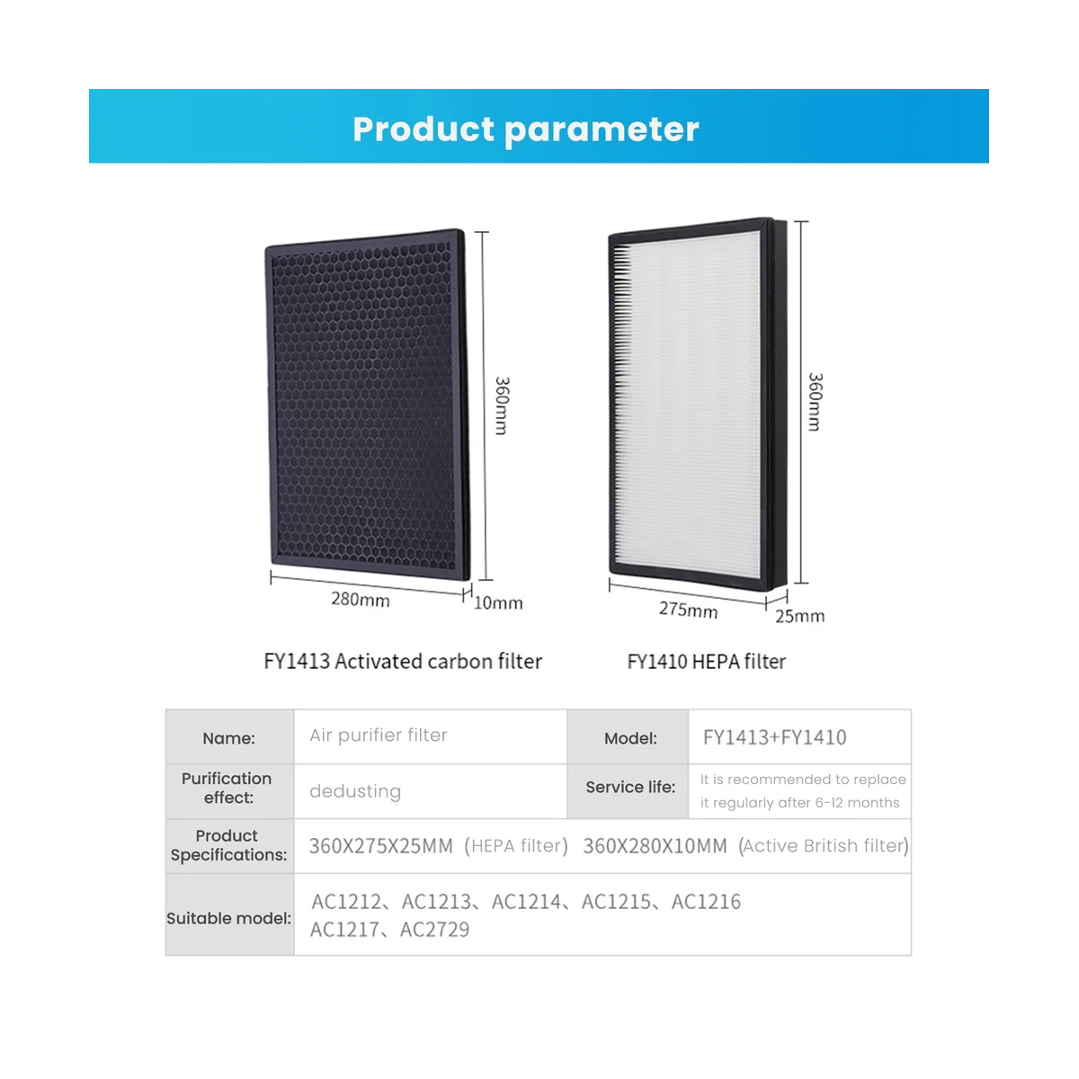 

Sweeper Accessories 2 Sets FY1410 FY1413 Real Hepa Filter Activated Carbon Filter for Air Purifier AC1215