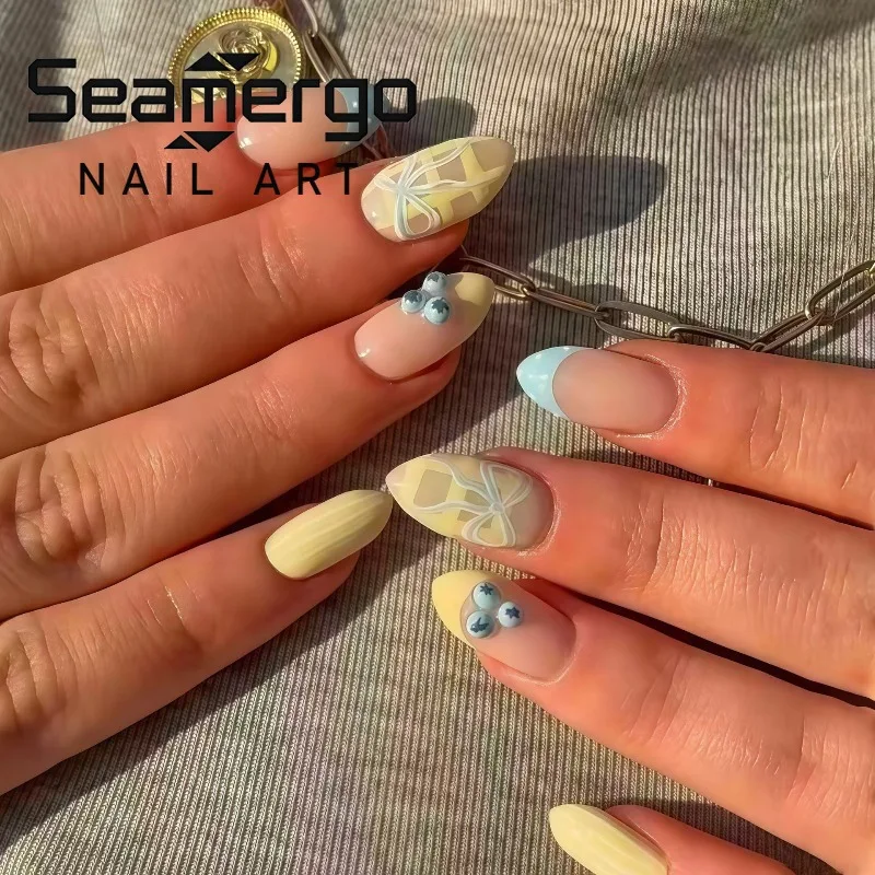 

24PCS Sweet Yellow Plaid Blue French False Nails Handmade Cute Bow Fresh Blueberry Press on Nails Full Cover Almond Fake Nails