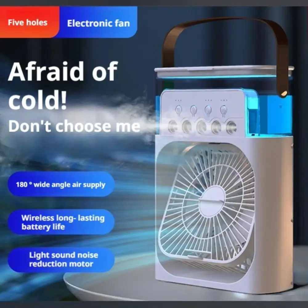 

LED Night Light Portable Humidifier Fan Water Mist Five-Hole Spray Air Cooler Low Noise 7-color Light Design USB Electric Fan