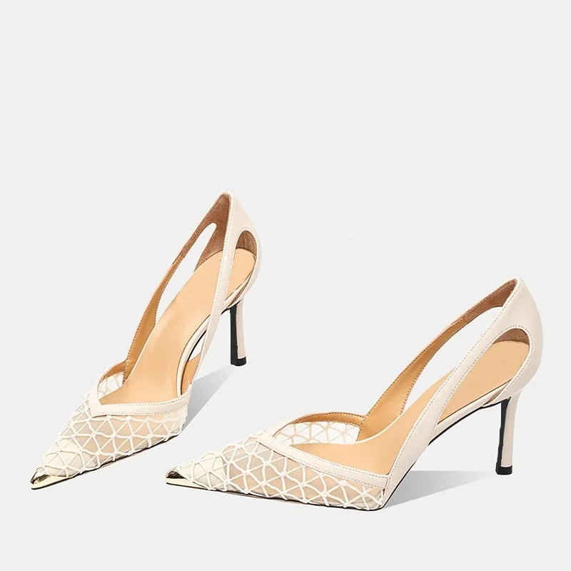 

Сетчатые туфли на высоком тонком каблуке для женщин, сексуальные летние туфли-лодочки с острым носком, нишевая модель
