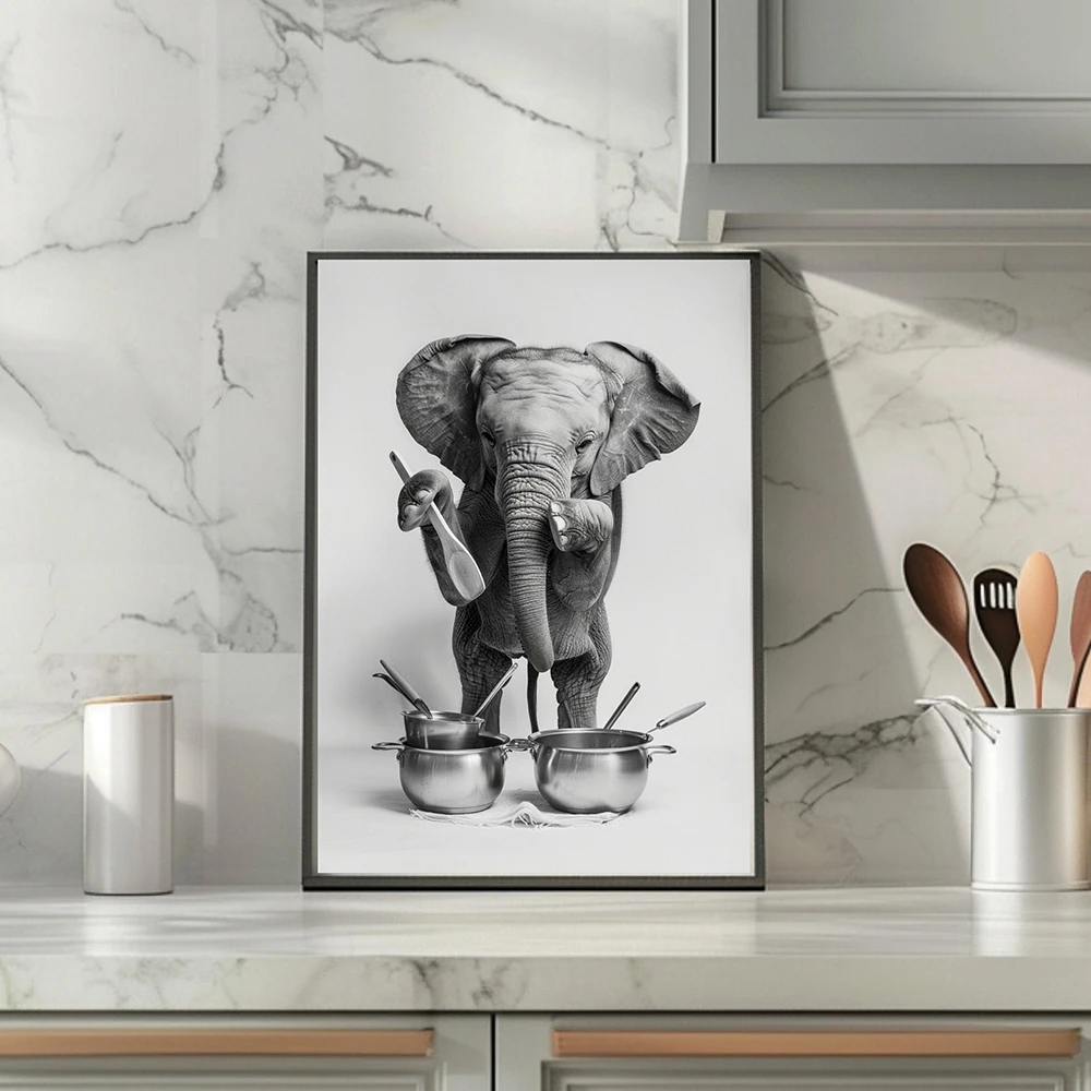 Funny Animal Elephant Cooking Skills Chef in Kitchen Posters Prints Modern Wall Art Canvas Painting Restaurant Cafe Home Decor