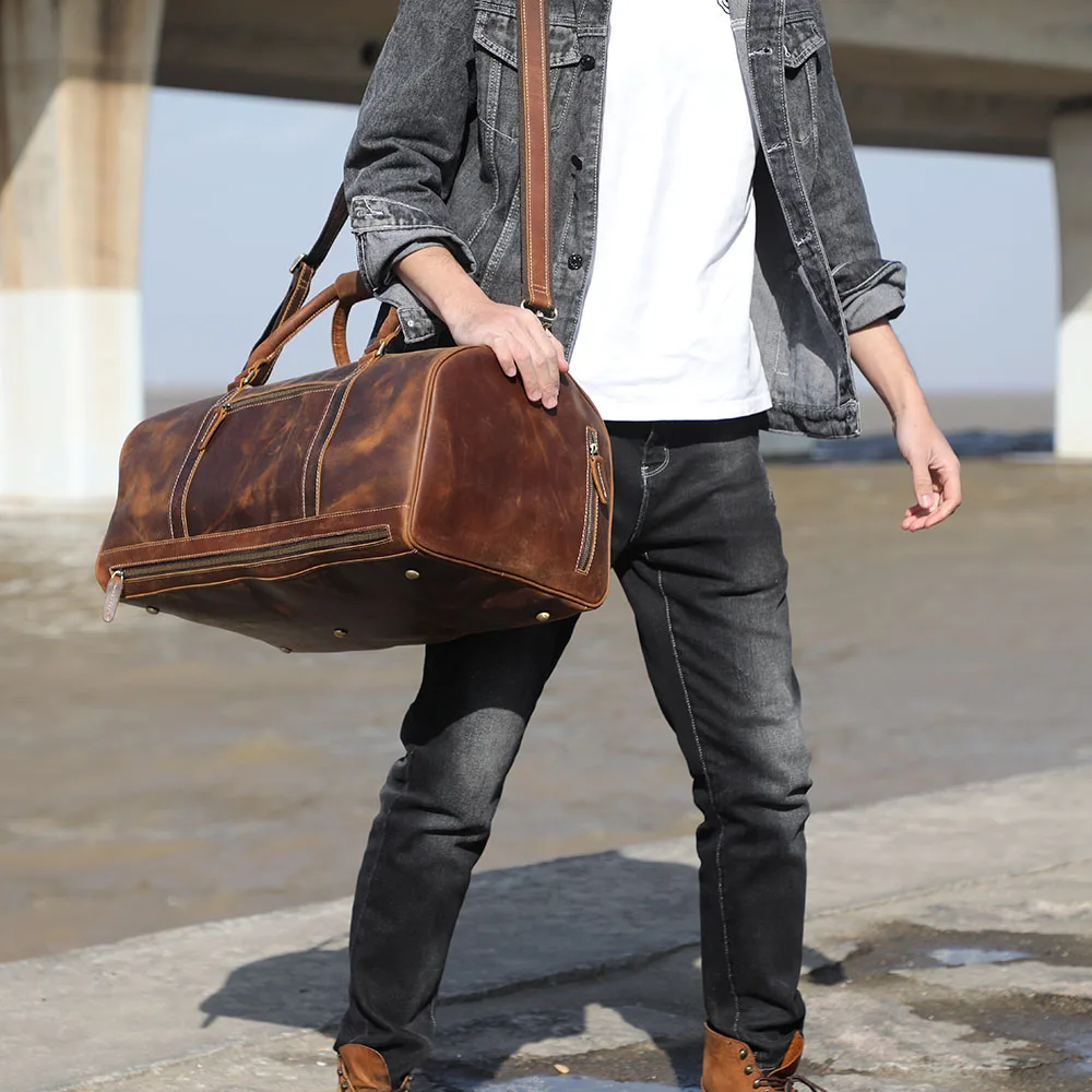 S.WORKER Vollnarbenleder Herren-Reisetasche mit mehreren Fächern, große Kapazität, Weekender-Reisetasche aus Vollnarbenleder – Detail 4
