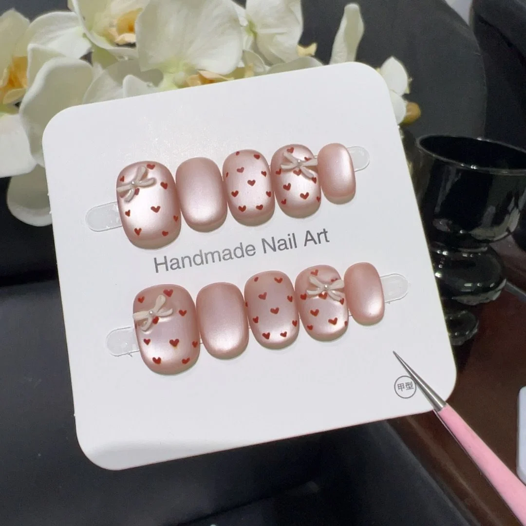 

10pcs Nude Pink Handmade Nails Heart-Shaped Bow Polka Dots Press on Nail Short Oval Full Coverage Nail Tips for Women&Girl