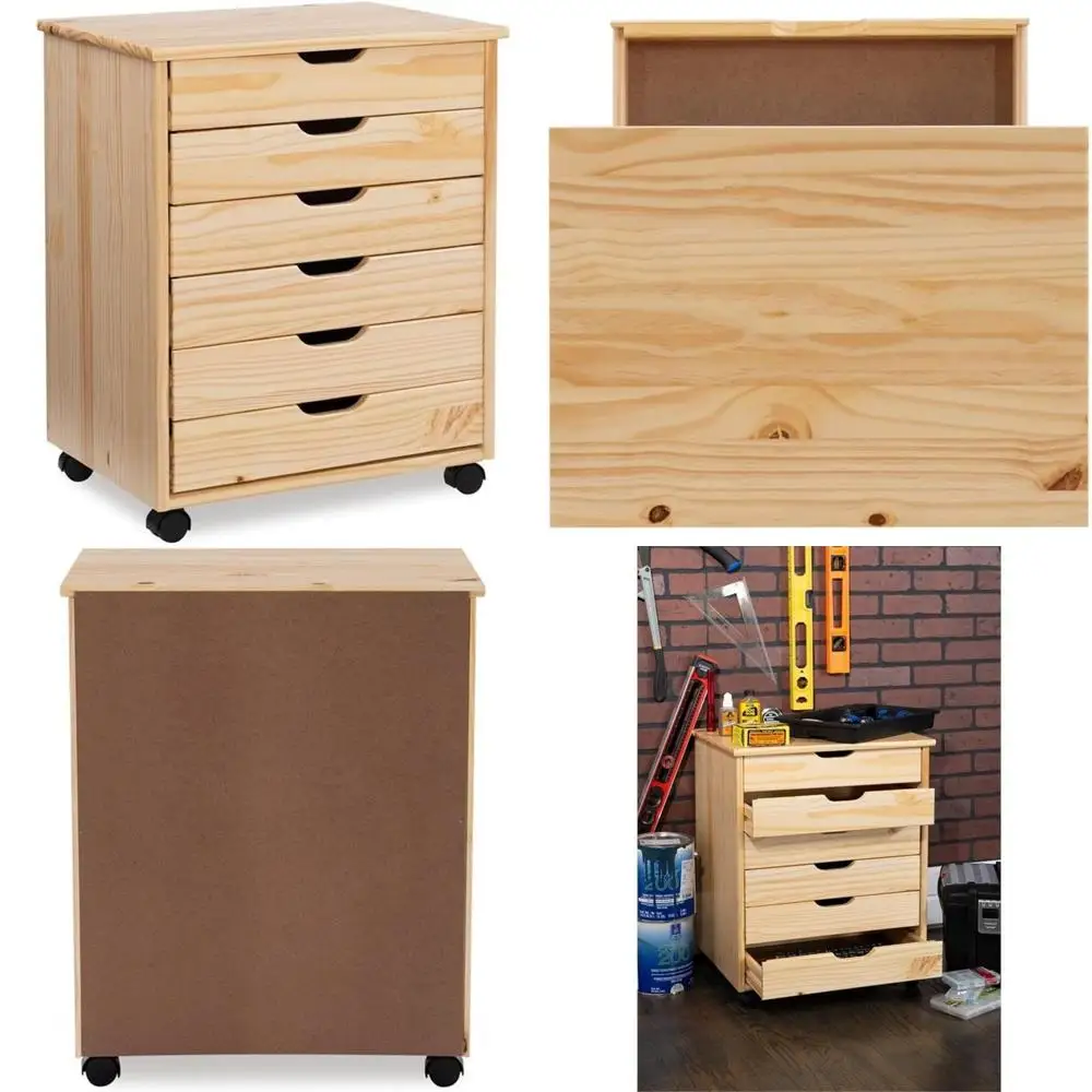 

Комод из натурального дерева с 6 ящиками и передвижной тележкой для хранения документов