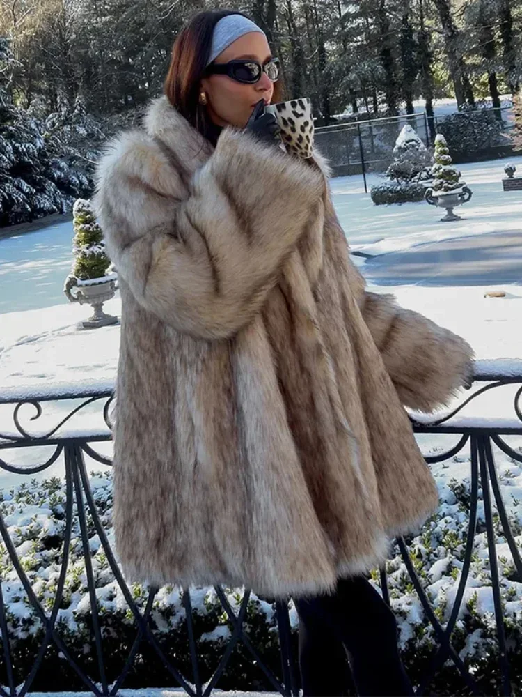 Damen-Mix-Farbe, Kunstpelz, Kunstpelz, lange Jacke, lässig, volle Ärmel, Taschen-Revers-Mantel, 2025, elegantes Büro, Pendeln, tägliche Oberbekleidung