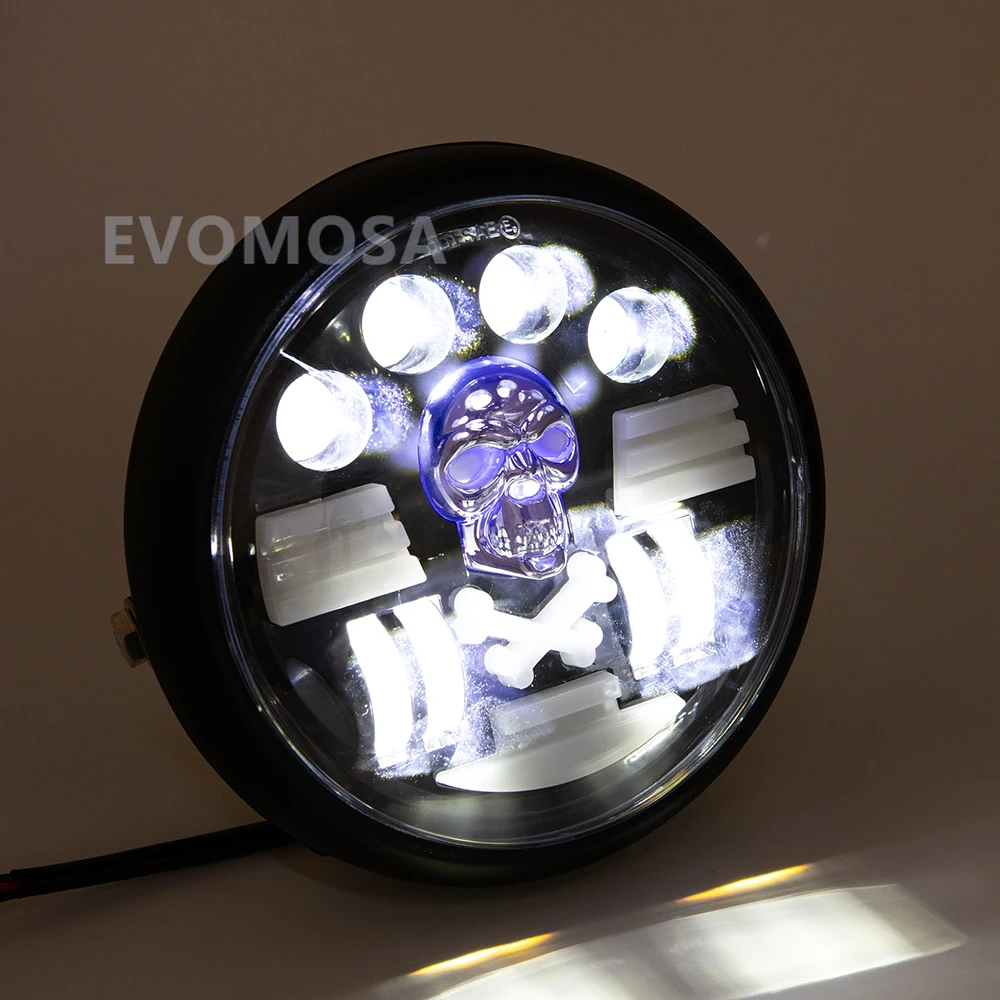 

EVOMOSA Fashion Skull Design Motorcycle Headlight Headlamp Universal High Low Beam Round Moto Headlamp For Harley Yamha Honda