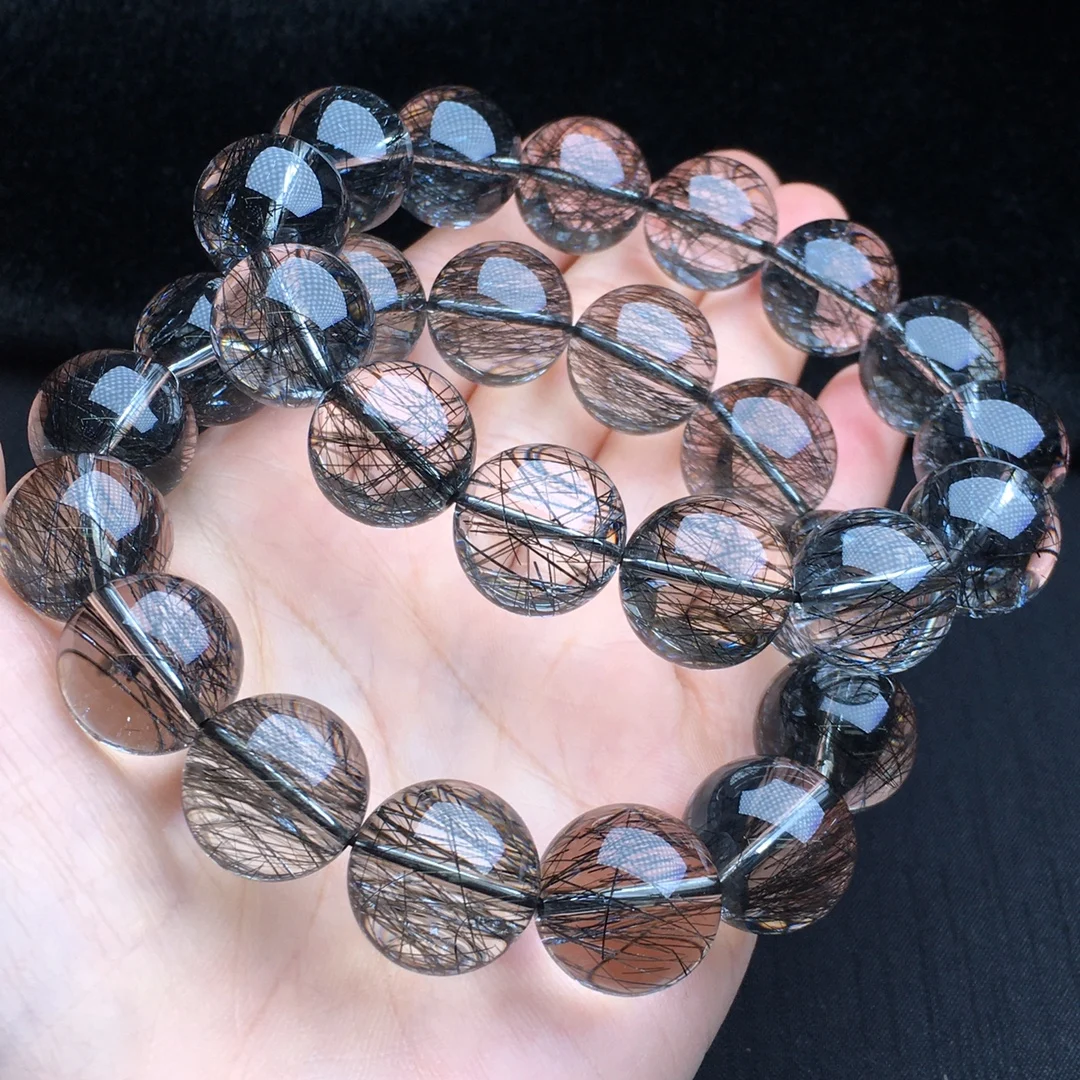 15MM Natural Black Hair Quartz Bracelet Handmade Women Healing Gemstone Crystal Strand Bangles Lovers Girlfriend 1PCS