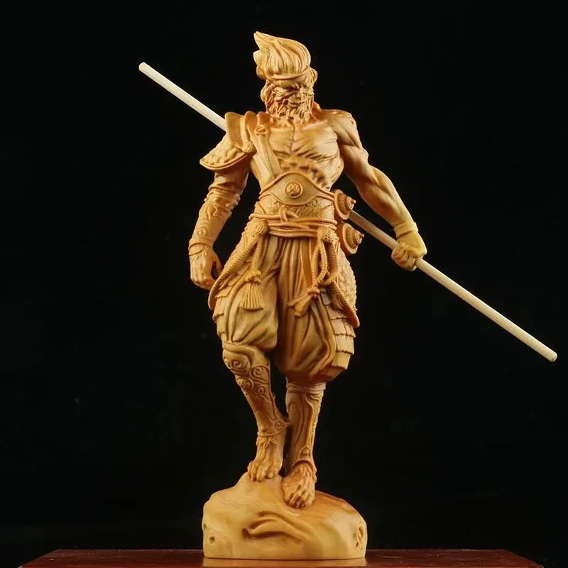 Natural solid wood Battle Buddha Monkey Sun Wukong Figure Statue Mythical Monkey  Home Room Office Feng Shui Statue 6.28 in