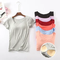 Soutien-gorge une pièce pour femme, T-shirt à manches courtes, slim, ceinture, coussinet de poitrine, demi-manche femme, été, T-shirt à manches courtes avec b