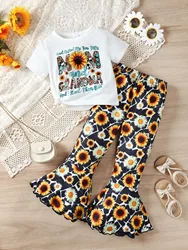 2PCS Summer Children Girl  Clothes Set Short Sleeve sunflower Print T-shirt+Flare Pants Fashion Outfits for Kids Girl 4-7 Years