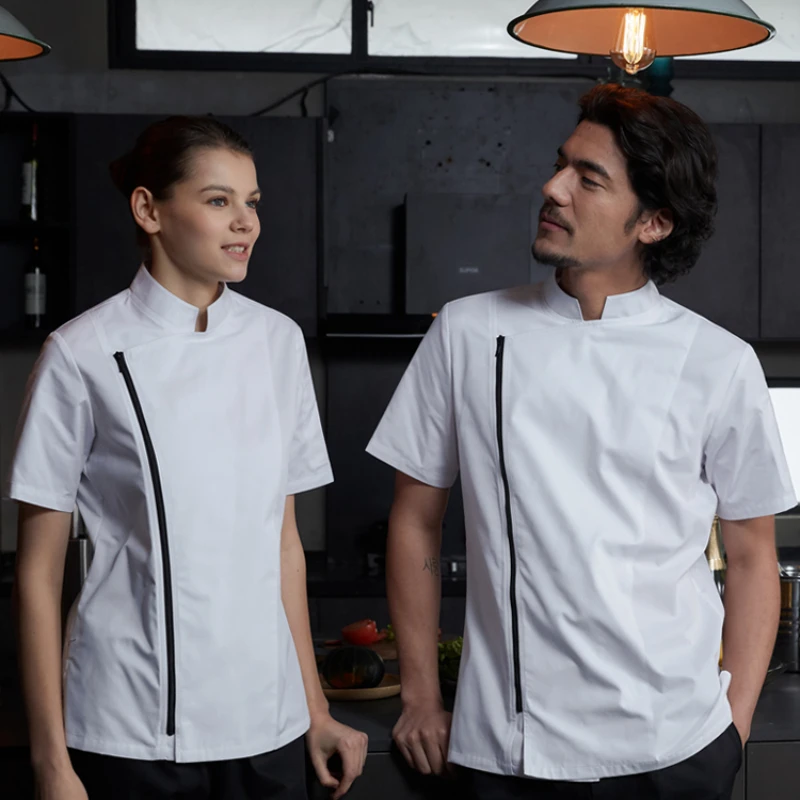 Veste de Chef professionnelle avec fermeture éclair pour femmes et hommes, uniforme de serveur de cuisine à manches courtes/longues pour hôtel, Restaurant