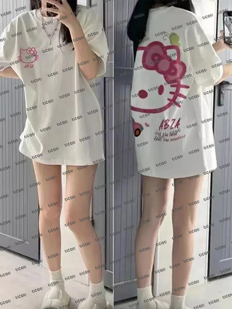 

MINISO Summer Women's Cartoon Hello Kitty Printed Short Sleeve T-shirt Casual Round Neck T-shirts Y2K Loose Street Tops