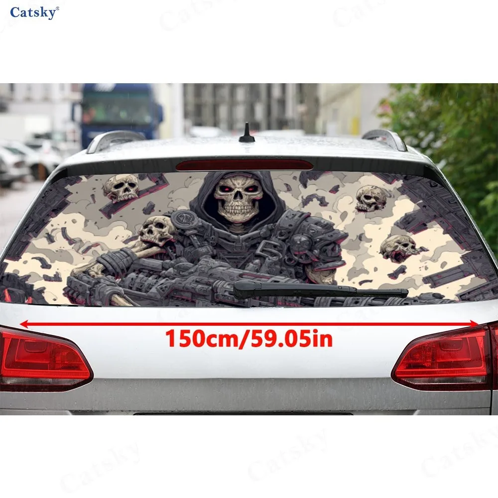 Trendy Sci - Fi Mechanical Skull - أغطية فينيل للسيارة المثقبة من مادة PVC، ملصق متين للزجاج الأمامي الخلفي للسيارة، إعادة إعادة السيارة المقاومة للماء