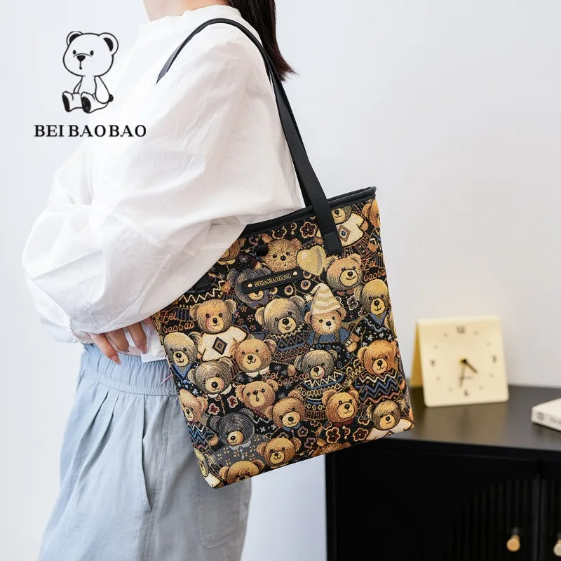 Beibaobao Ladies Shoulder Bag Canvas Bear Ins Style Casual Fashion Handbag Classroom Bags Large Capacity Daily Commuter Tote Bag