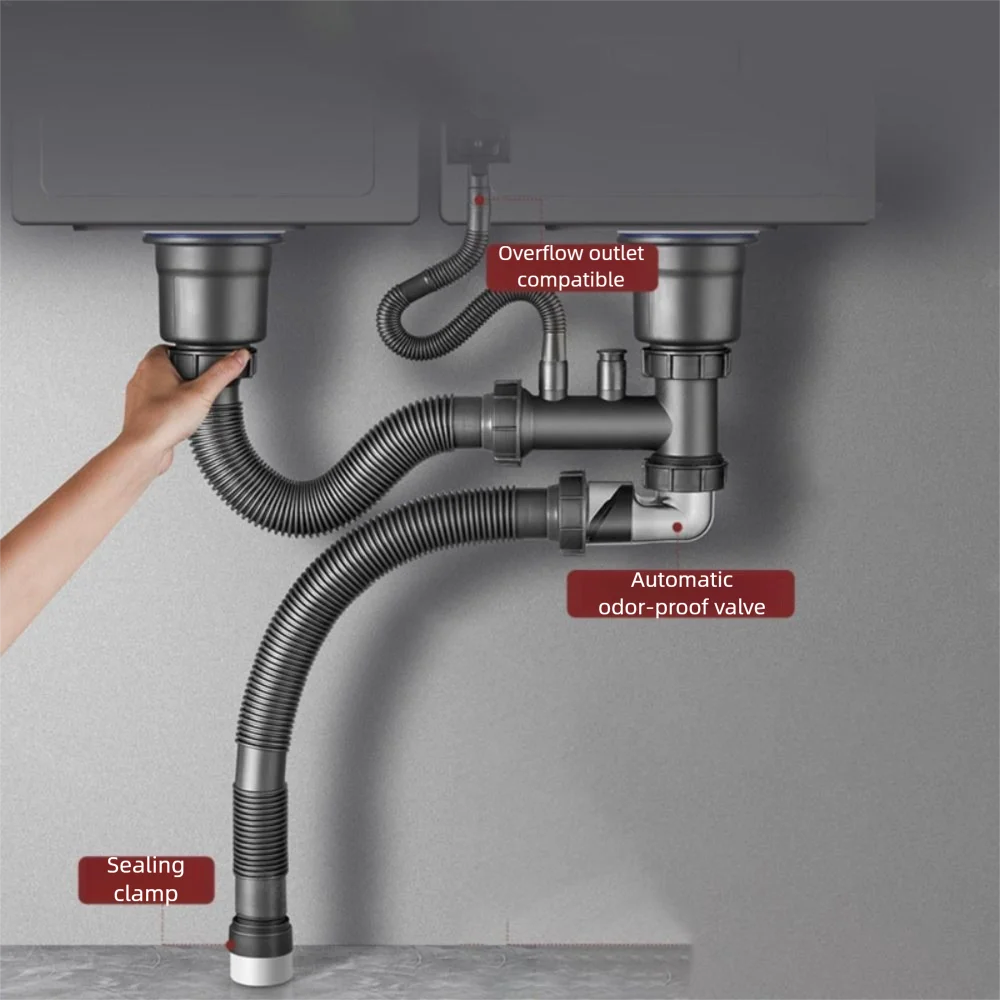 

Труба для двойной раковины из нержавеющей стали, утолщенная, с защитой от запаха, для кухонной мойки, съемная, глубокая, с блокировкой воды