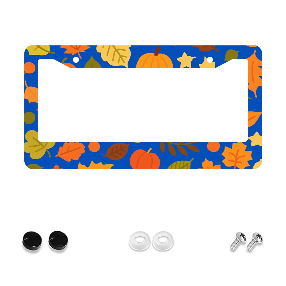 

1pc Blue Colorful Pumpkin and Leaves Pattern 2 Hole License Plate Frame, Aluminum Material, 6x12 Inches, with Screw Kit, Retro