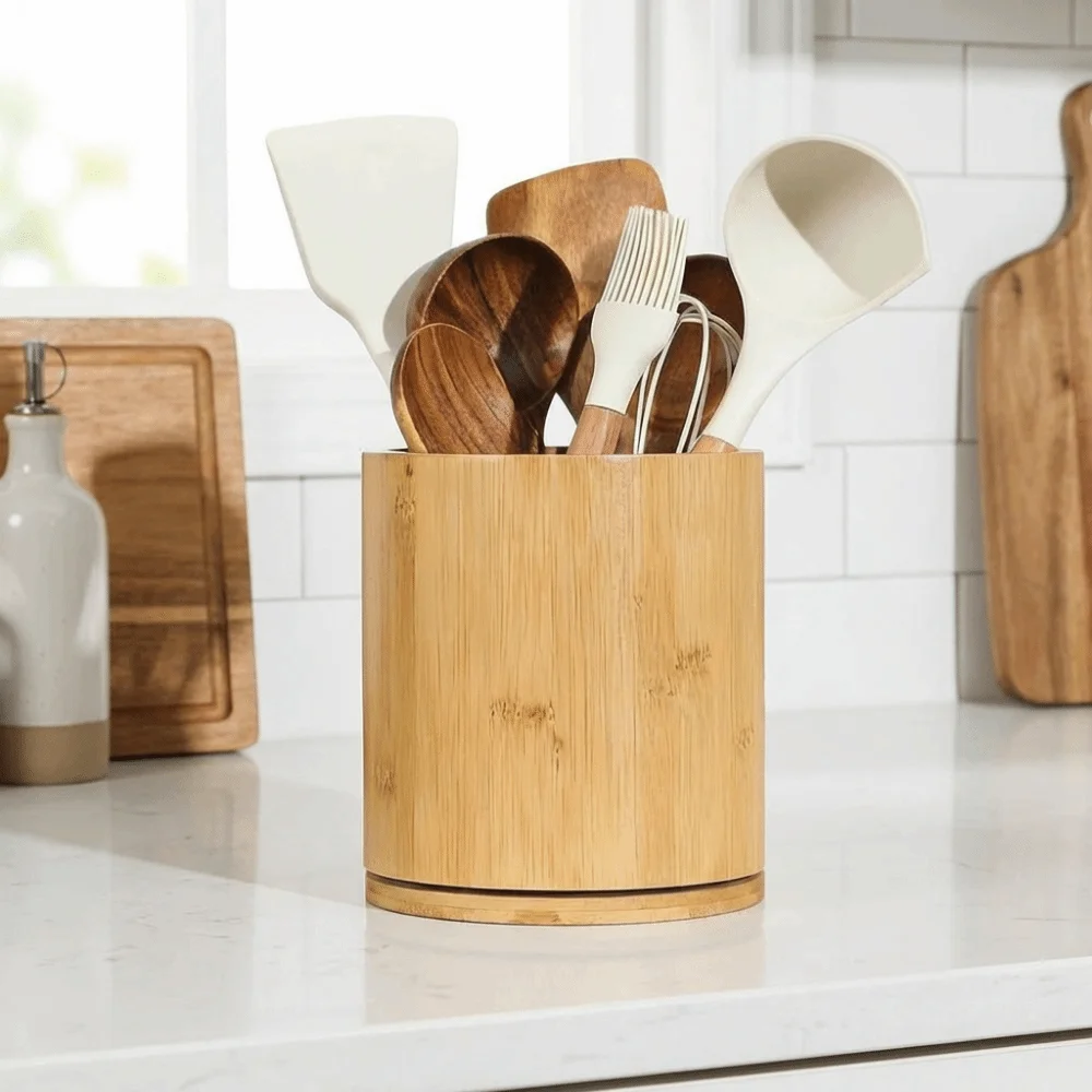 Wooden Kitchen Utensil Holder Farmhouse Style 360° Rotating Cylindrical Cutlery Holder Large Capacity Cutlery Storage Rack