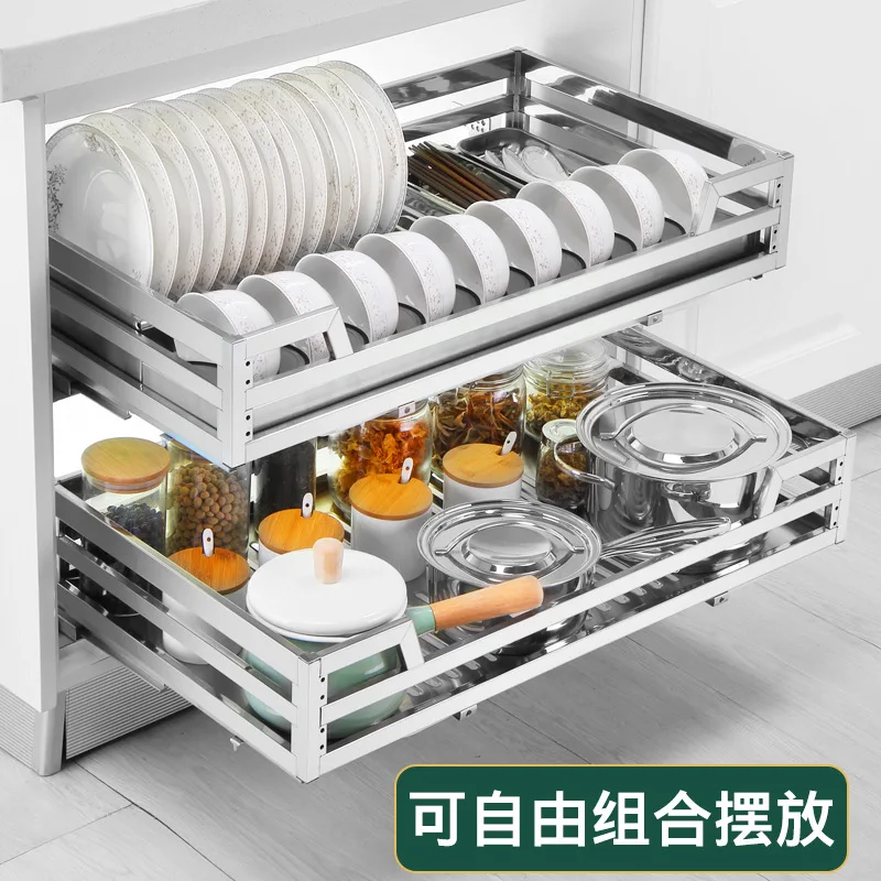 

Kitchen Cabinet Draw Basket 304 Stainless Steel Double Drawer Kitchen Cabinet Built-in Storage Dish Rack Seasoning Basket Dampin