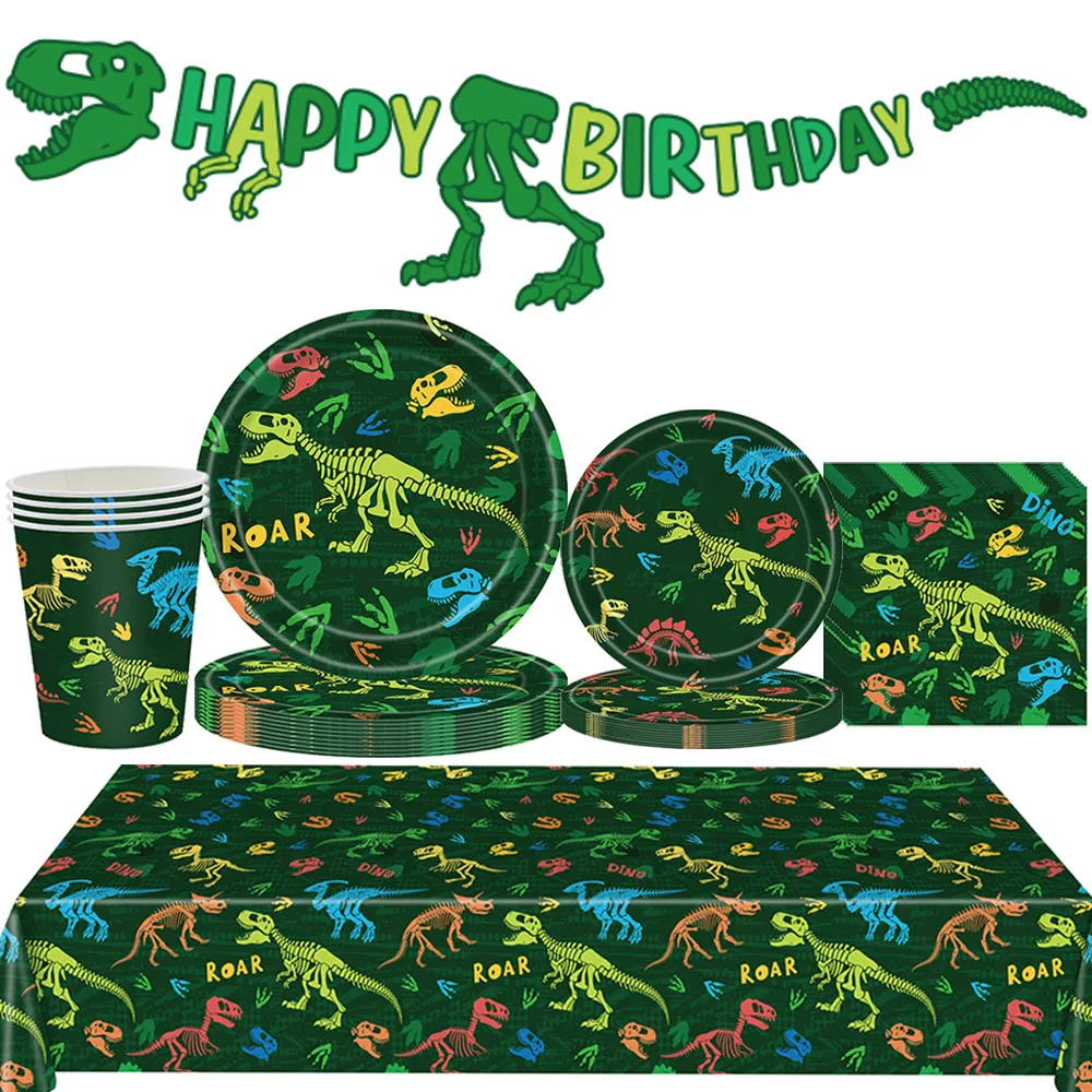 Dinosaur Fossil Birthday Party Supplies Trex Banner Green Dino Disposable Tableware Plate Cups Napkins Tablecloth Dinosaur Decor