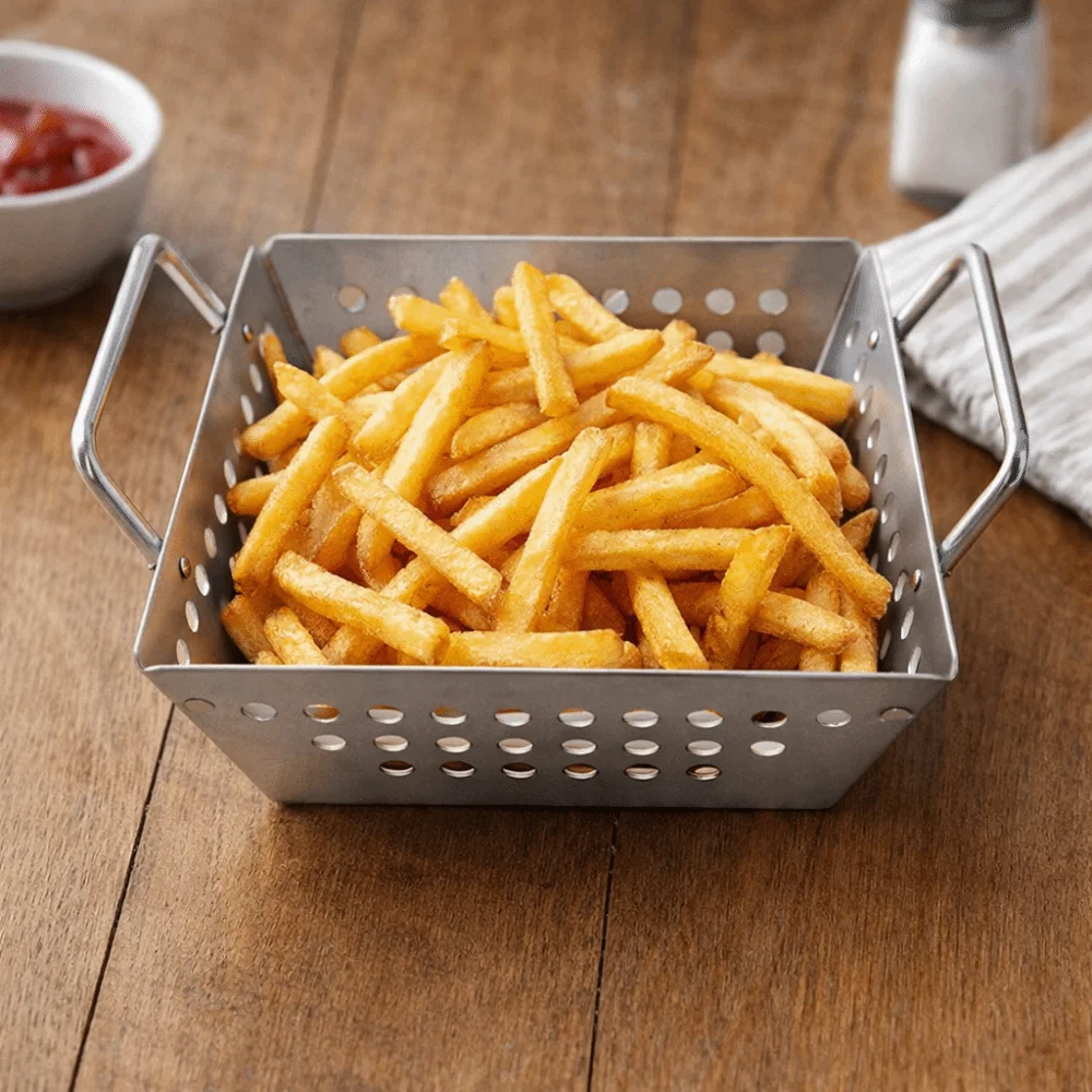 

Double Handle Stainless Steel Grilling Tray Non-stick Drainable French Fries Fryer Basket Anti-rust Hollow Design