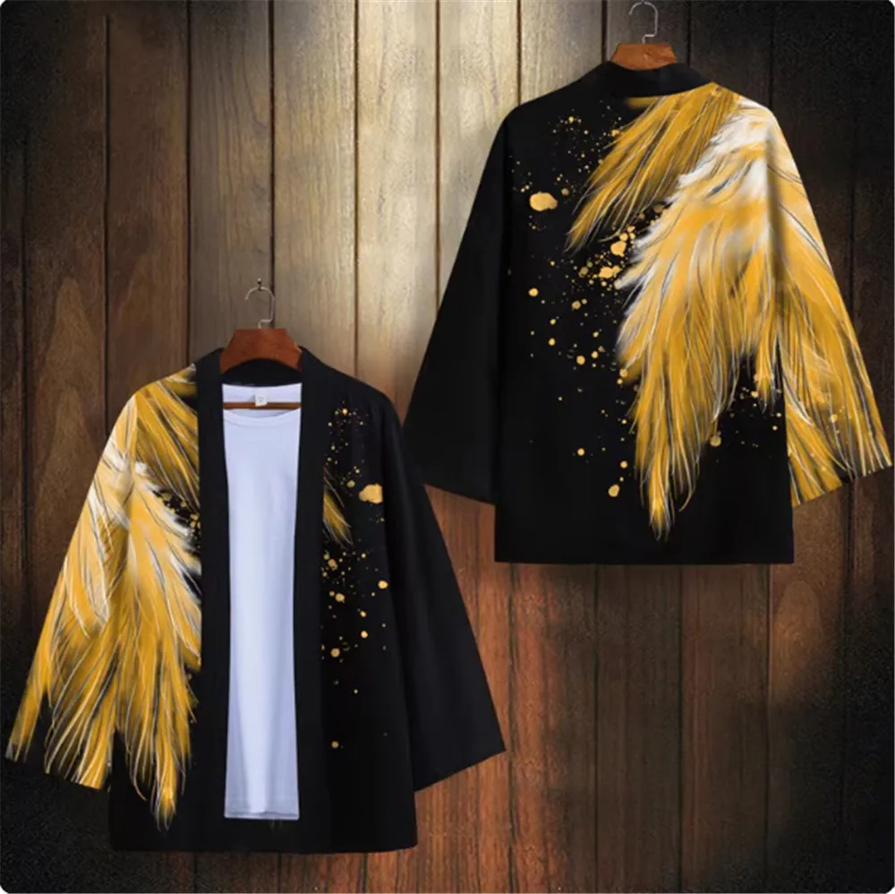 

Feather Wing Pattern Casual Kimono Summer Beach Haori Cardigan Yukata Tops Retro Samurai Harajuku Oversized Men's Clothing