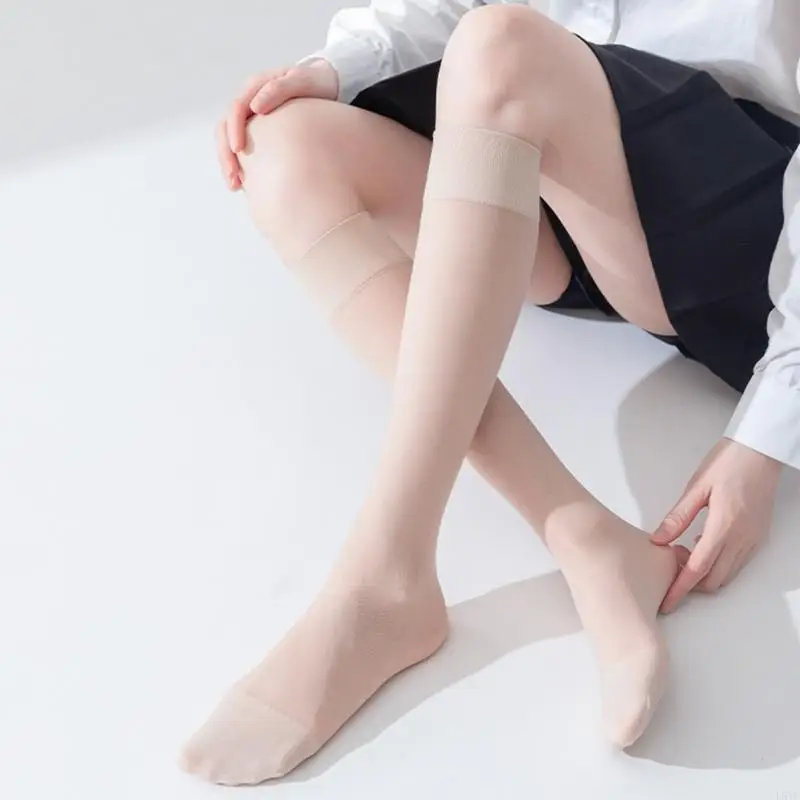 

L5YC Women Girls Simple Transparent Silky Calf Socks Lolitas Student Girls Nylon Stockings Compression Knee High Stockings