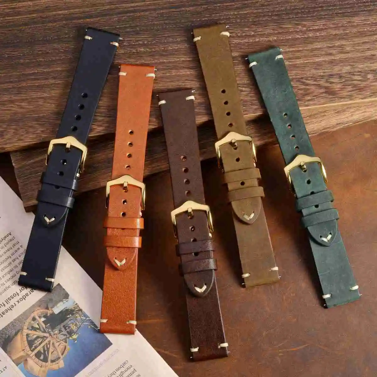 BISONSTRAP Crazy Horse Leather Men\'s Watch Straps Bracelet 18mm 20mm 22mm Black Brown Green with Gold Buckle and Tools Pins