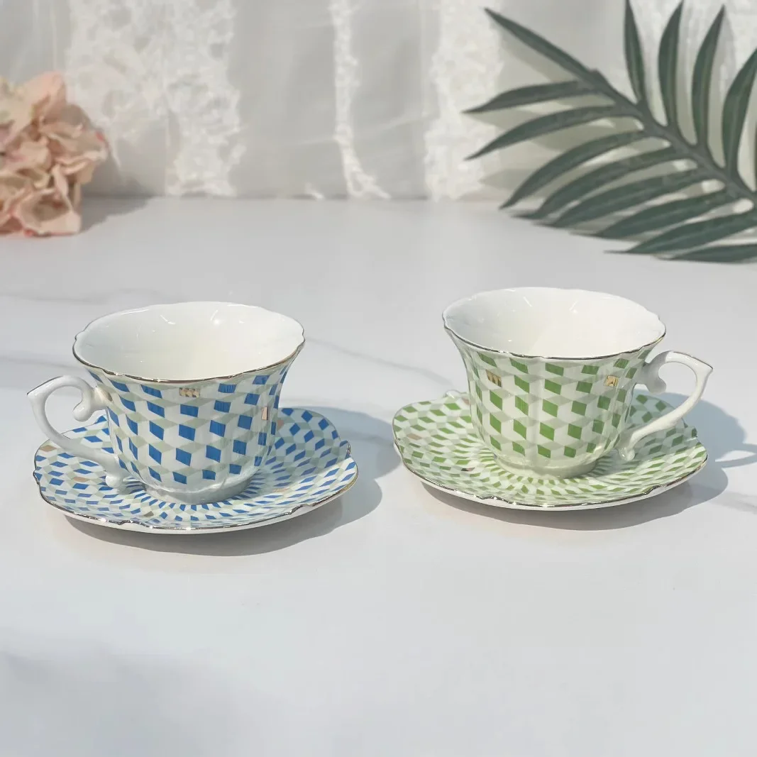 Light Luxury Blue and Green Couple Coffee Cup and Saucer set Household Ceramic Afternoon Tea Coffee Cups Set Gift Box