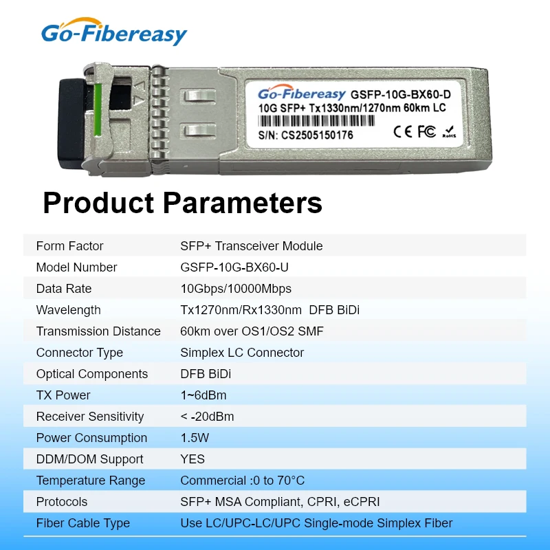 SFP+10Gb BiDi 60km LC Optical Module 1270/1330nm Single-Fiber Bidirectional Transceiver For Ubiquiti,Mikrotik,Cisco Fiber Switch