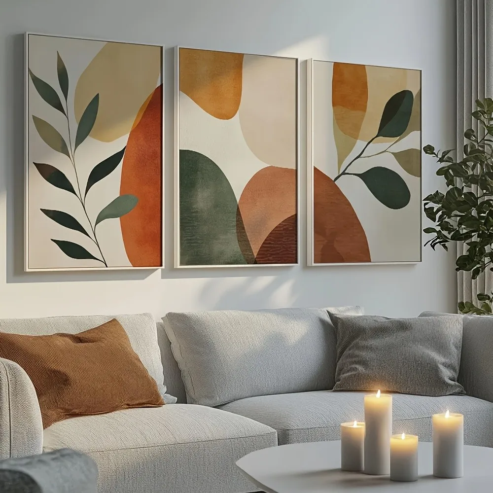 3pcs Frameless,Bohemian Botanical Geometric Canvas Printing,with The Largest Earthy Tones and Abstract Shapes,Living Room Decor
