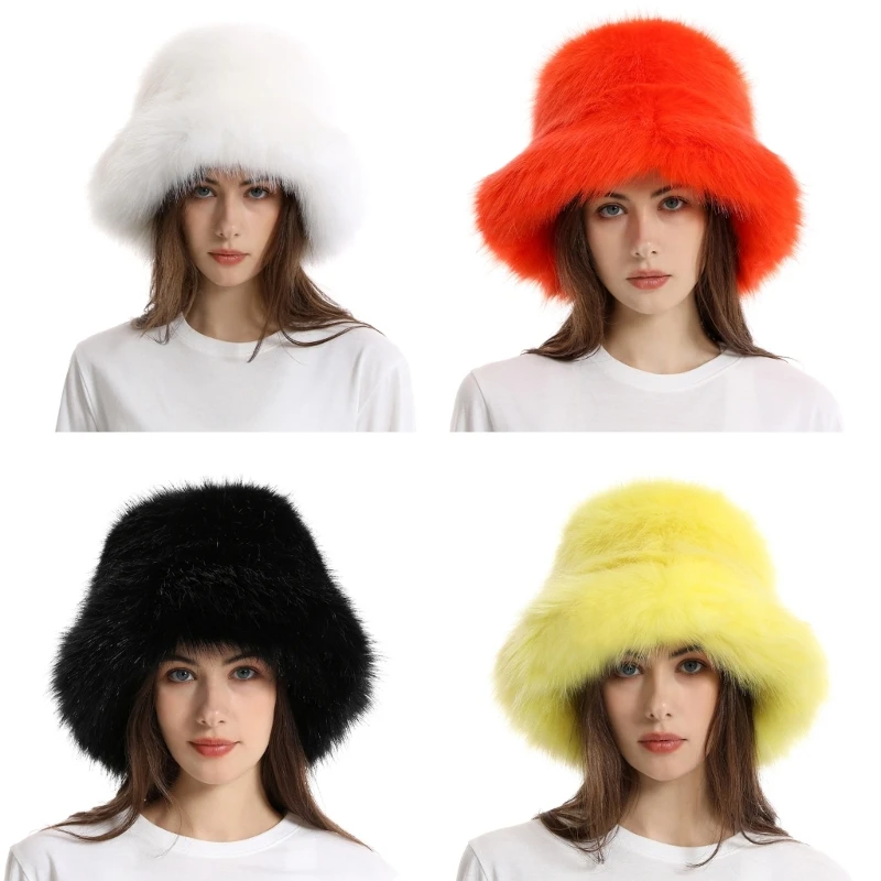 

Thicken Plush Bucket Hat for Woman Windproof Faux Furs Design Bucket Hat Adult Teens Winter Keep Warm Fisherman Cap