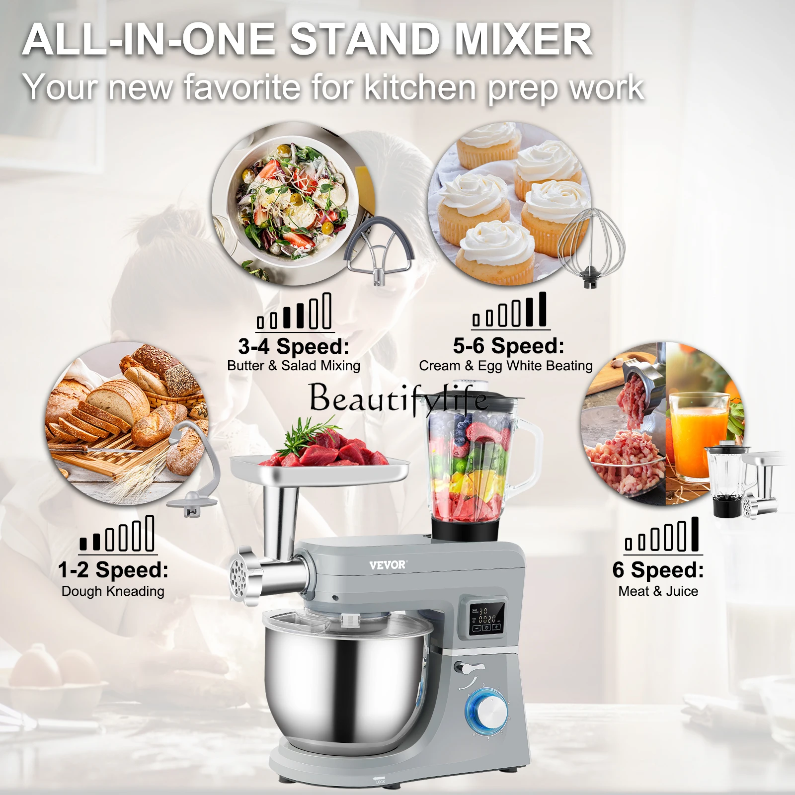 SucceBuy 5 IN 1 Stand Mixer Multifunctional Electric Mixer with 6 Speeds LCD Screen Timing 7.4 Qt Stainless Bowl Dough Hook
