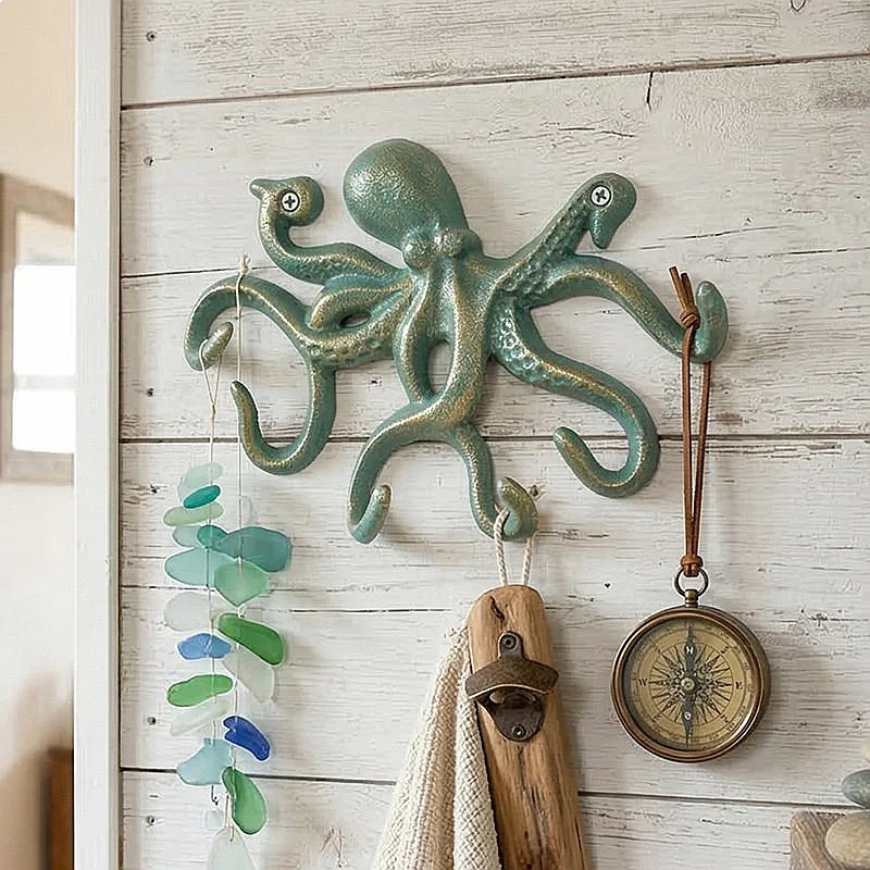 Octopus Wall Hooks Decorative Cast Iron Key Holder, 6 Arms Coat Towel Hanger for Wall view 2