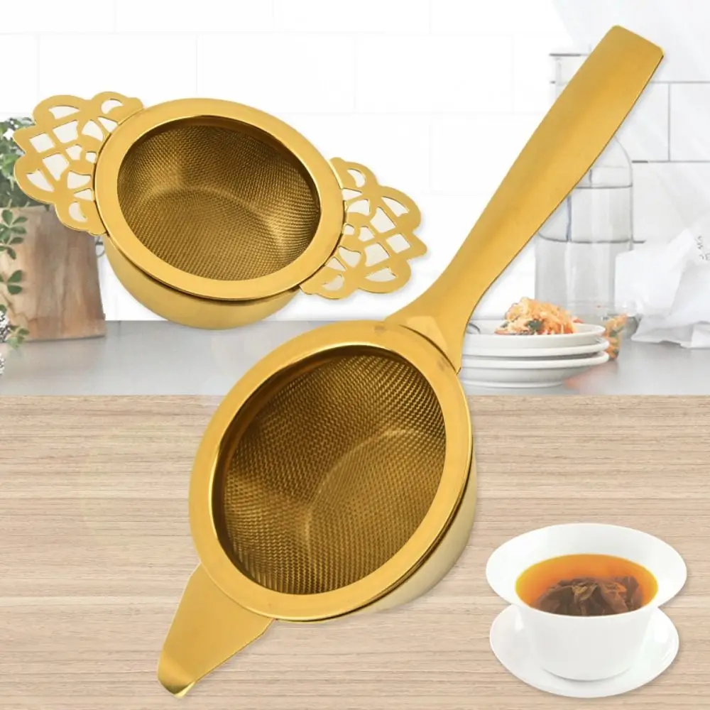 Stainless Steel Double Ear Tea Filter Fine Mesh Easy Clean Tea Infuser with Drip Bowl Flower/Long Handle Reusable