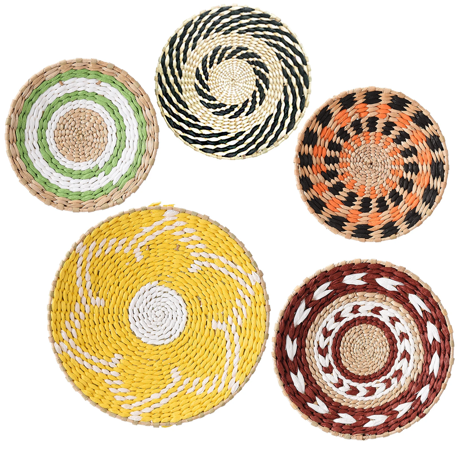 5Pcs Boho Woven Wall Baskets Decor Natural Seagrass Handmade Wall Art Bohemian Round Wicker Wall Decor for Living Room Bedroom