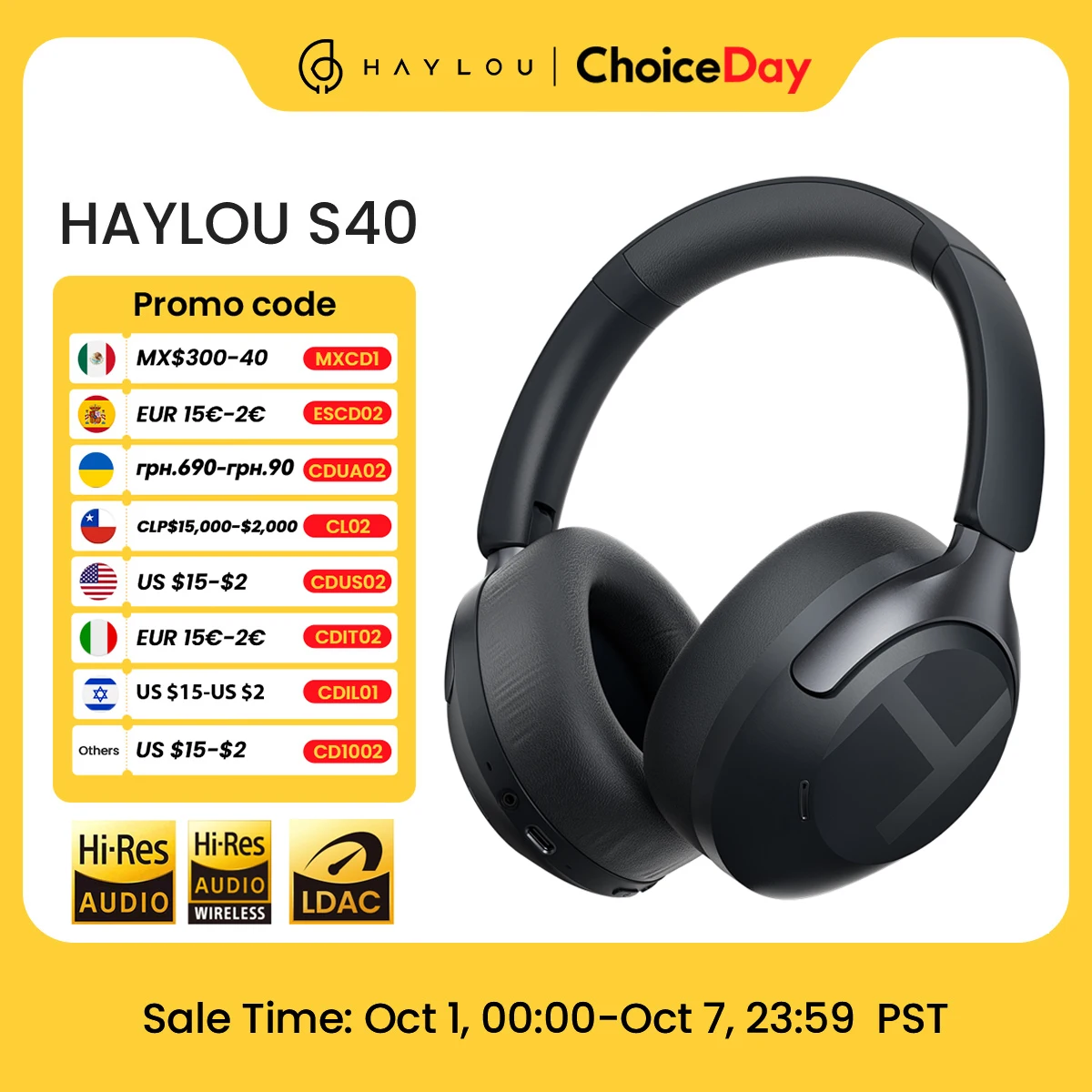 

HAYLOU S40 ANC Wireless Headphone 50dB Noise Canceling Hi-Res 3D Spatial Audio Earphone with LDAC Bluetooth 6.0 Over Ear Headset