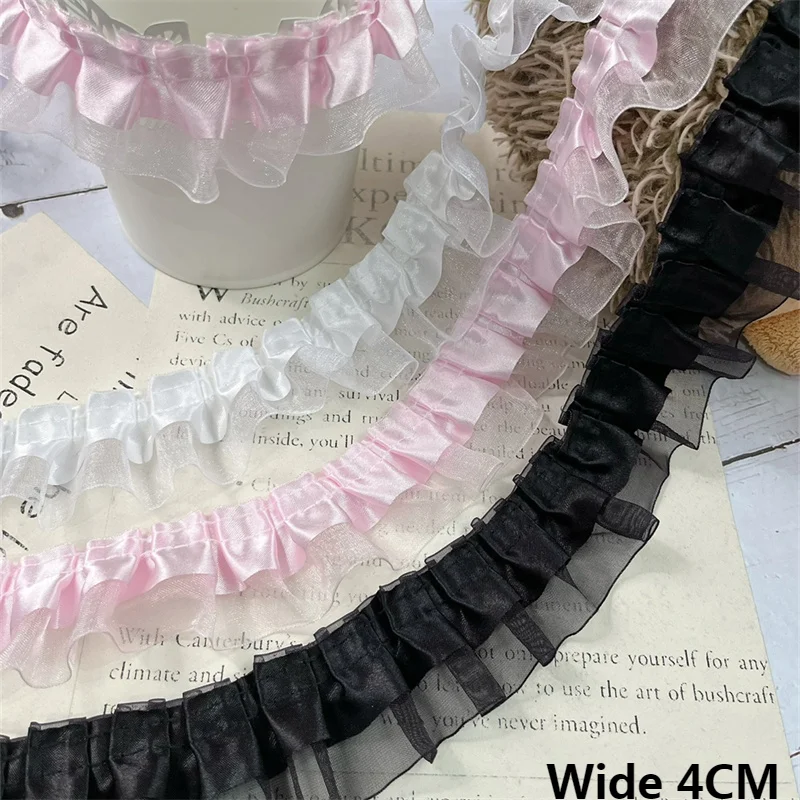 4CM Szeroka podwójna warstwa Biały Czarny Różowy Plisowana Koronkowa Wstążka Robótki ręczne Falbana Wykończenie Lolita Sukienka Odzież DIY Szycie Dekoracje