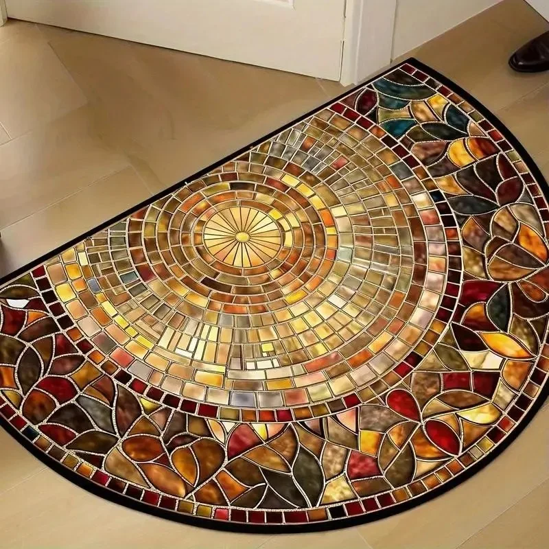 VIKAMA Half Round Stained Glass Mosaic Warm Sunburst Art Crystal Velvet Door Mat Non Slip Entryway Bedroom Living Room Home Soft