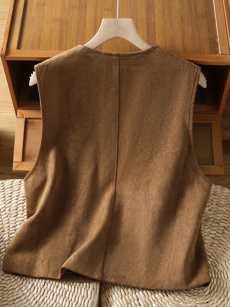 Caramel Color V-Neck Suede Vest Sleeveless Short Jacket Women's Fashion Autumn New Style Button up Outerwear Regular Fit