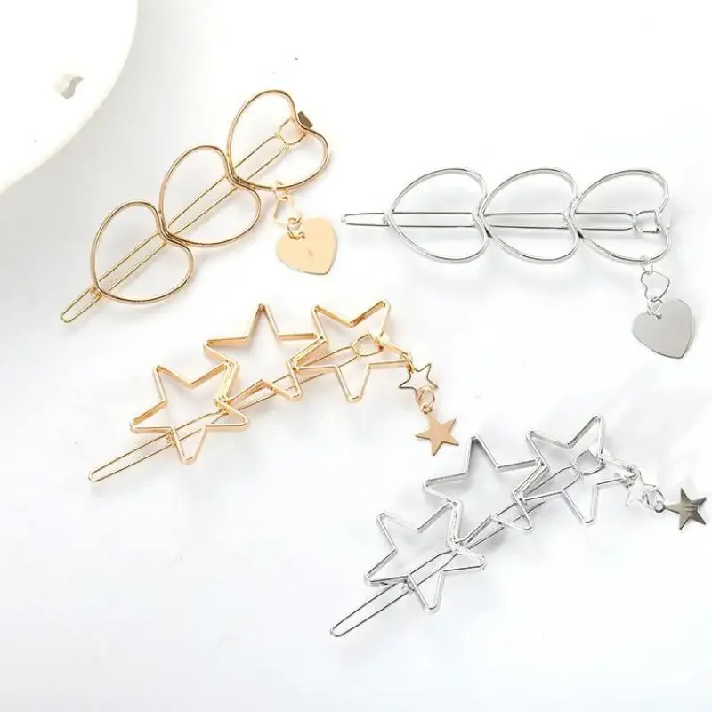 New Popular Cute Delicate Sweet Girl Heart Metal Hollow Three Five-pointed Star Heart Folder Liu Hai Clip Wedding Accessories