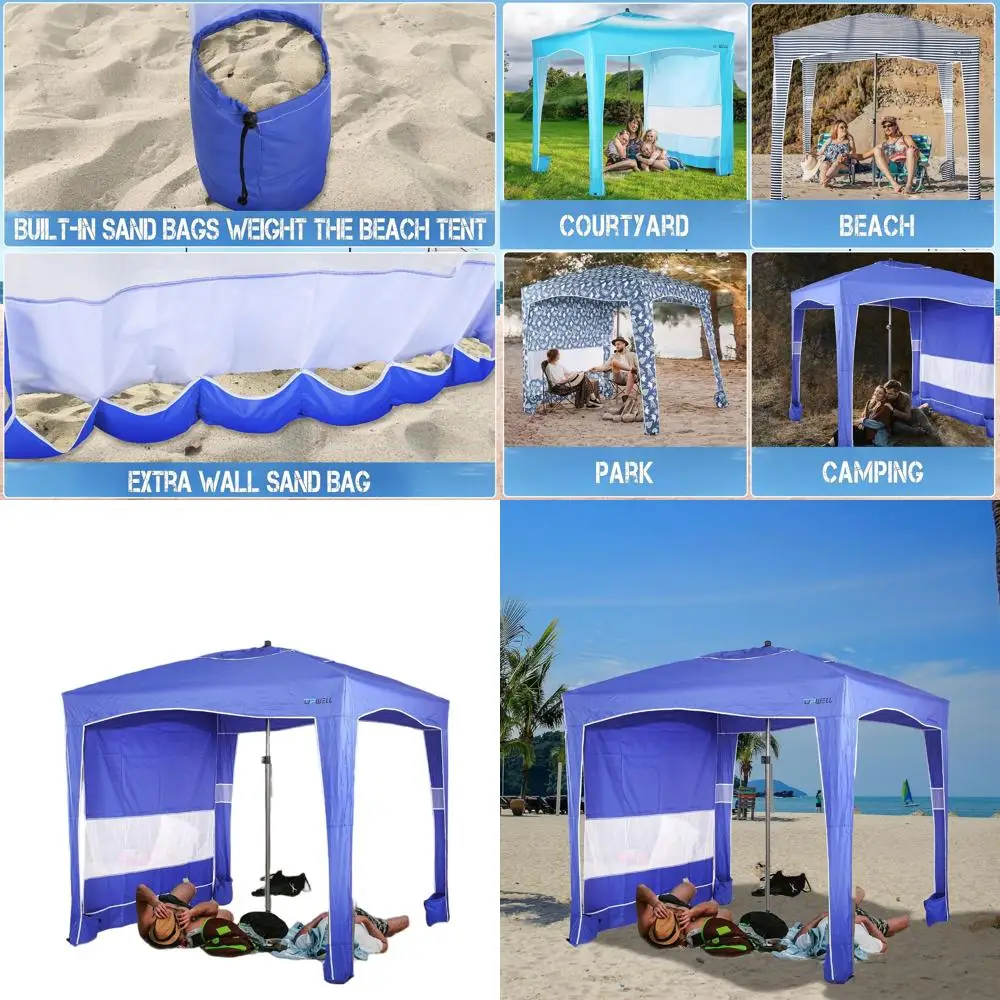

Portable Blue Beach Tent with UPF 50+ Sun Protection, Easy Setup Canopy, and Sand Anchors for Outdoor Activities