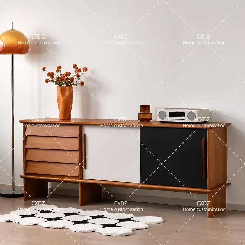 Medieval Solid Wood Sliding Door TV Cabinet Retro Cherry Wood Dining Sideboard Teak Color Wall Mounted Storage Console for