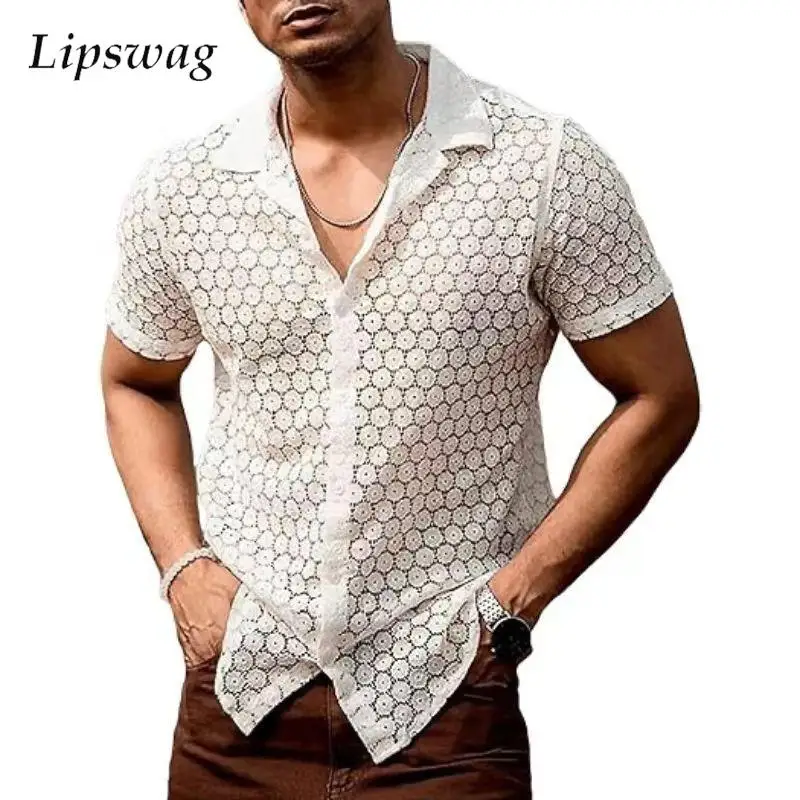 

Sexy See Through Lace Shirt For Mens Summer Beach Fashion Dots Embroidery Hollow Out Mesh Shirts Vintage Mens Button Lapel Shirt