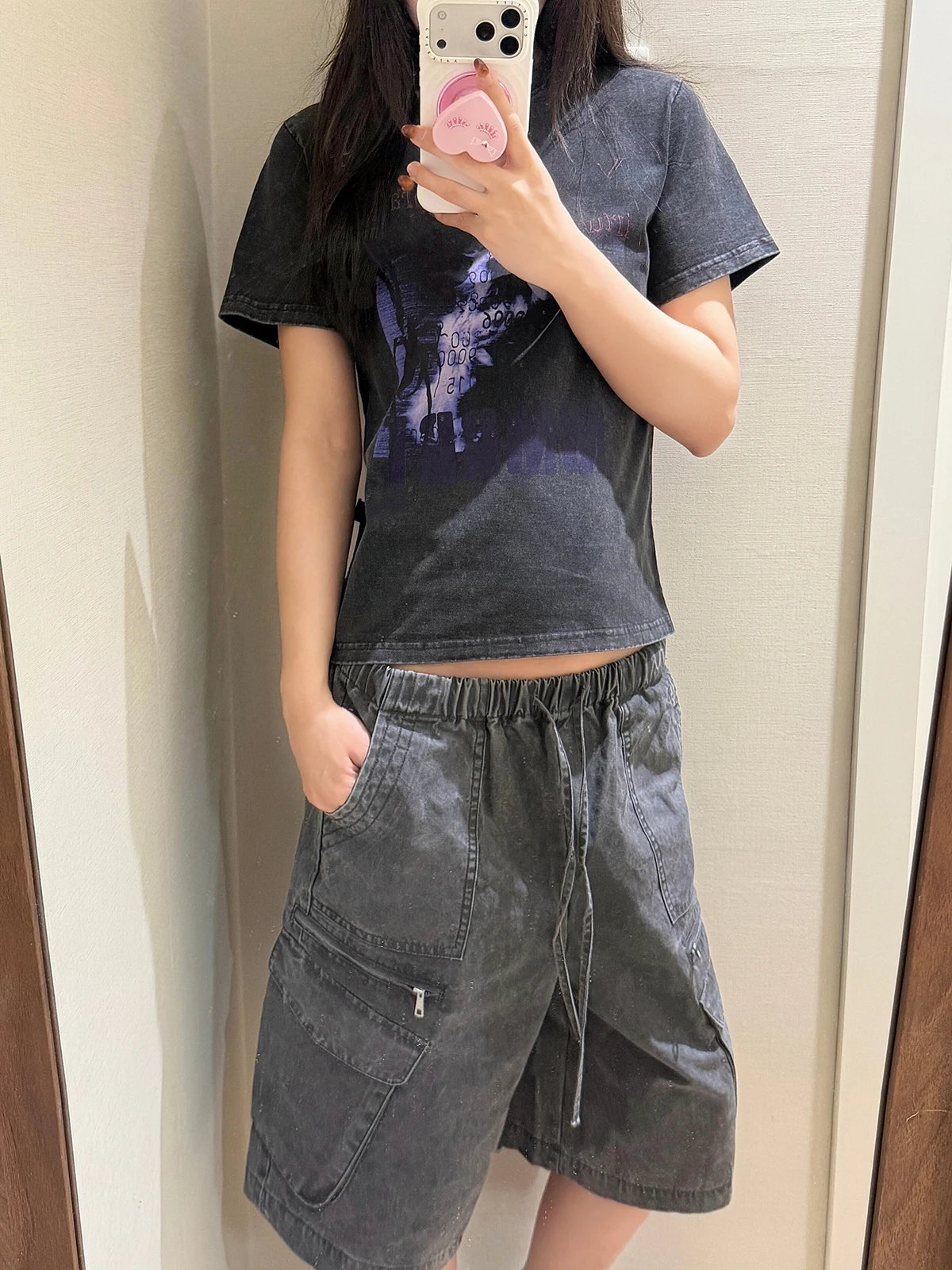 Sakura Fuzzy Character Print Short Sleeve Women's T-Shirt Summer Casual Slim Fit Washed Top round Neck Cotton Blend