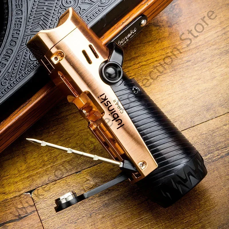 

LUBINSKI Metal High end Gas Lighter Blue Flame Turbine Creative Open Cigar Punching Needle Cigarette Clip Design Men's Gift
