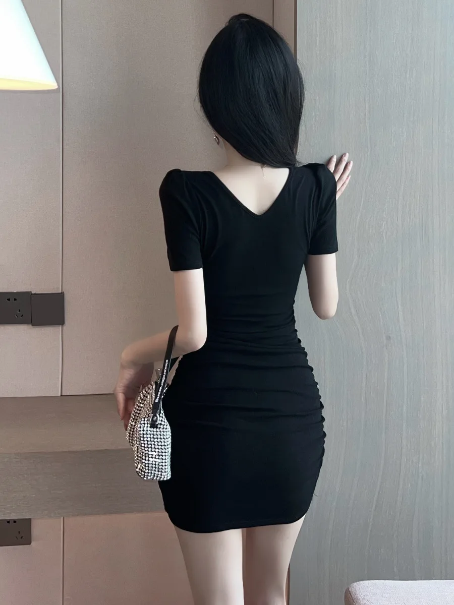 Sexy Soft Girl Korean Style Dress Summer New Women\'s V-neck Short Sleeved Show Chest Hollow Out Solid Color Tight Fitting 0Z89