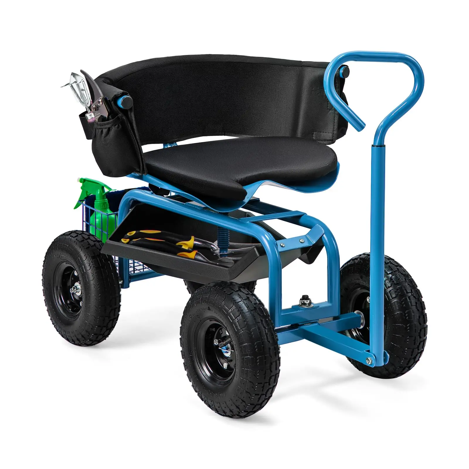 Garden Seat with Wheels, Rolling Gardening Stool with Adjustable 360° Swivel Seat, Tool Tray & Storage Basket